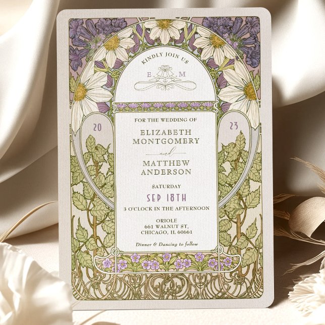 Lavender Marguerite Daisy Wedding Art Nouveau Einladung (Von Creator hochgeladen)