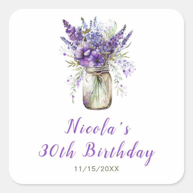 Lavender Mason Jar Birthday Quadratischer Aufkleber (Vorderseite)