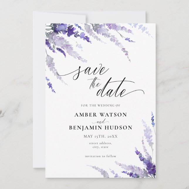 Lavender Mauve Floral Lilac Lila Save the Date Einladung (Vorderseite)