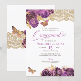 Lavender Mauve Rose & Lace Butterfly Quinceañera Einladung