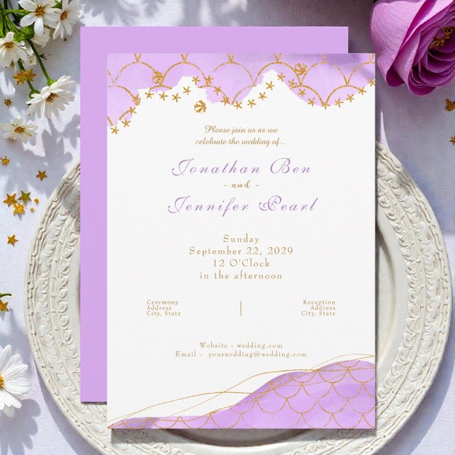 Lavender Mermaid Gold Wedding Invitation Einladung (Von Creator hochgeladen)