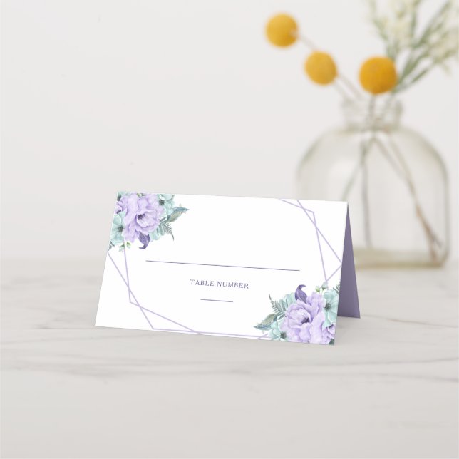 Lavender Mint Lila Geometric Wasserfarbe Peonies Platzkarte (Vorderseite)