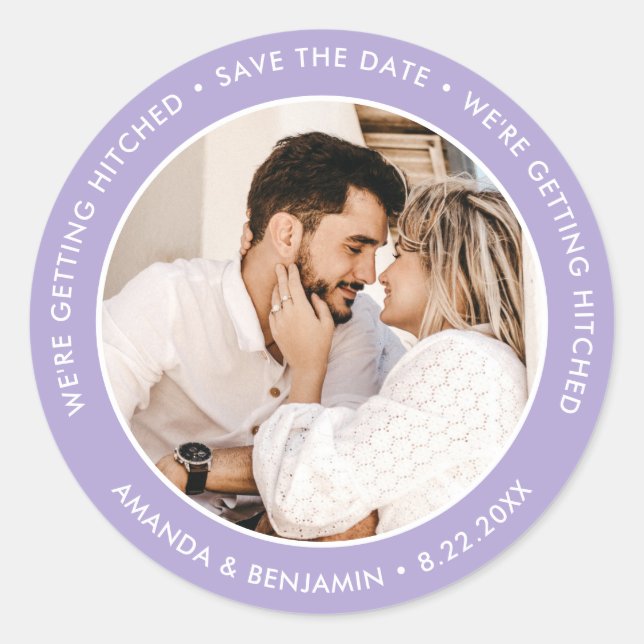 Lavender Modern Wedding Foto Save the Date Runder Aufkleber (Vorderseite)