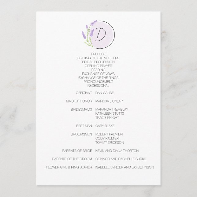 Lavender Monogram Wedding Programm (Vorderseite)