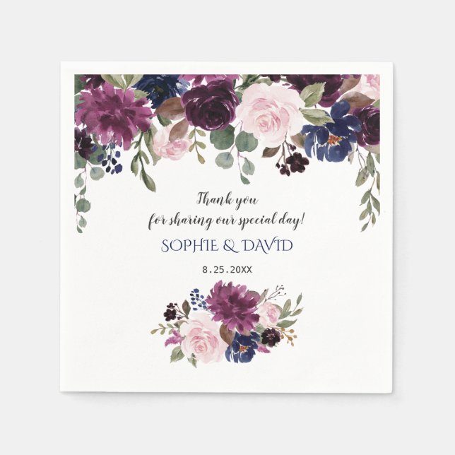 Lavender Navy Blue Floral Bloom Hochzeitsplaner Serviette (Vorderseite)