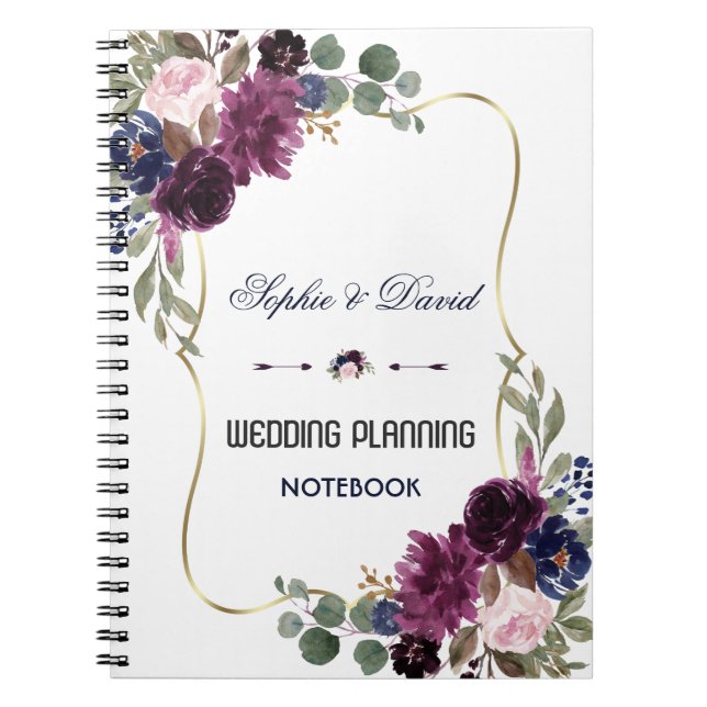 Lavender Navy Blue Gold Floral Wedding Planner Notizblock (Vorderseite)