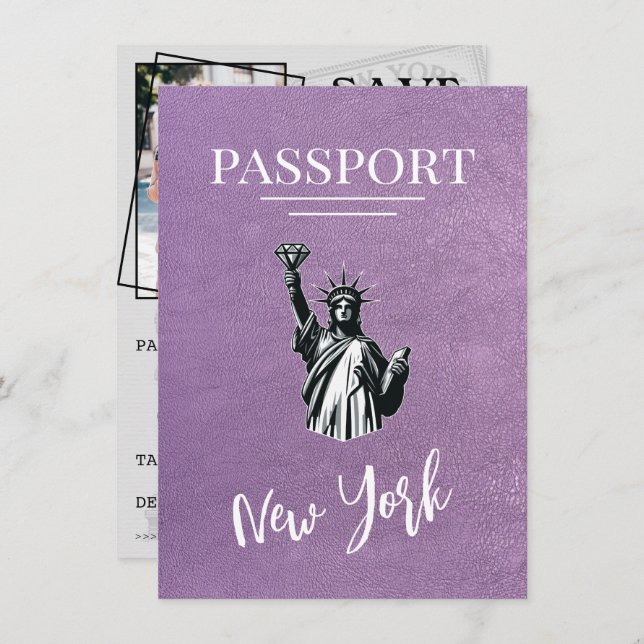 Lavender New York City Passport Save the Date (Vorne/Hinten)