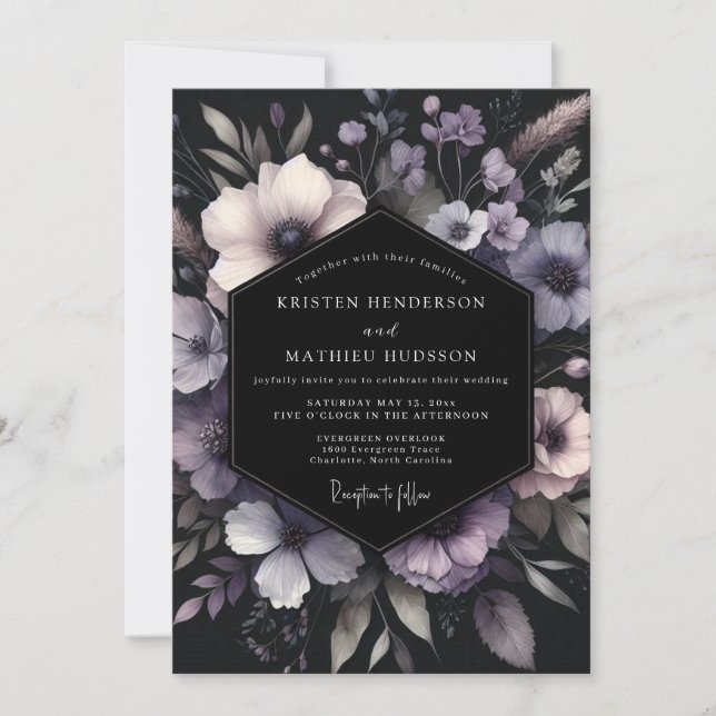 Lavender Noir Bloom Wedding Einladung (Vorderseite)