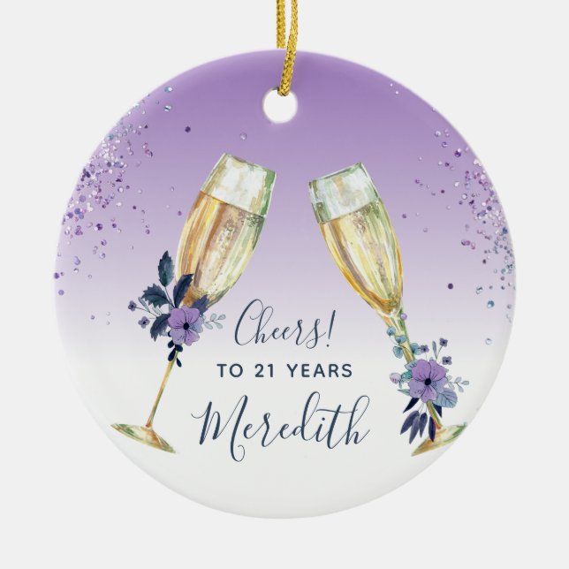Lavender Ombre Aquamarin Champagne Toast 21. Gebur Keramik Ornament (Vorne)