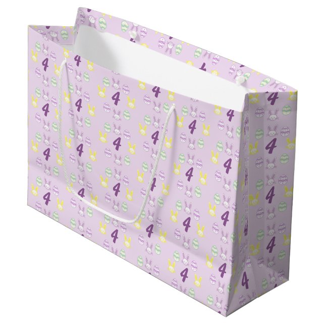 Lavender Oster 4. Geburtstag Große Geschenktüte (Vorderseite Schrägansicht)