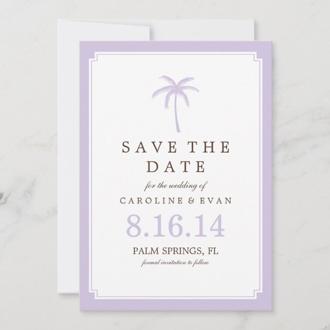 Lavender Palm Tree Wedding Save the Date (Vorderseite)