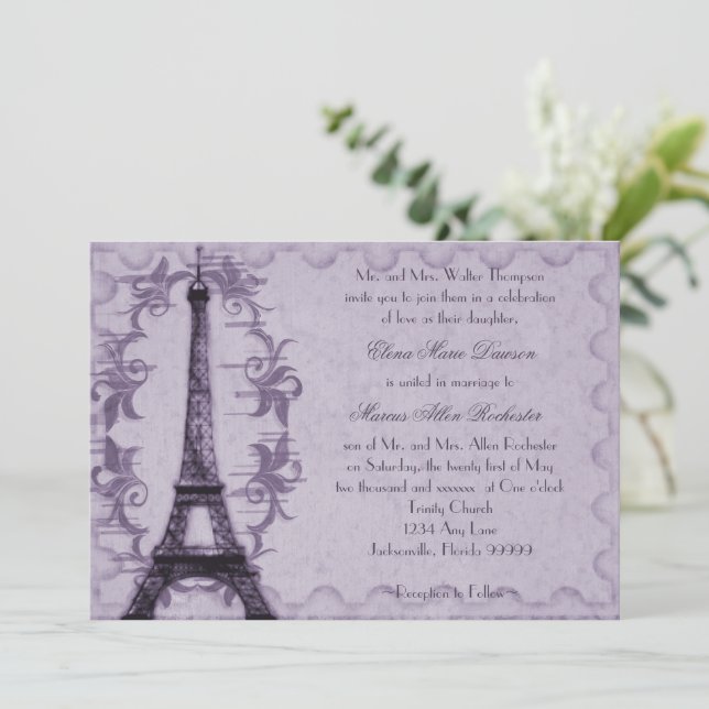 Lavender Paris Grunge Einladung zur Hochzeit (Stehend Vorderseite)