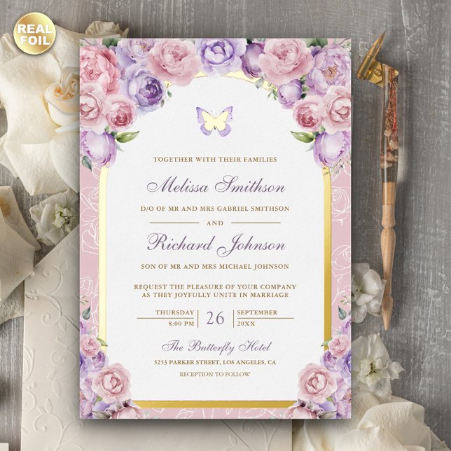 Lavender Pink Floral Arch Butterfly Wedding Gold Folieneinladung (Von Creator hochgeladen)