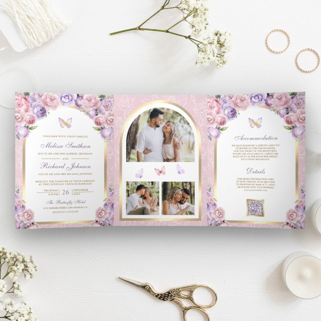Lavender Pink Floral Gold Arch Butterfly Hochzeit Dreifach Gefaltete Einladung (Von Creator hochgeladen)