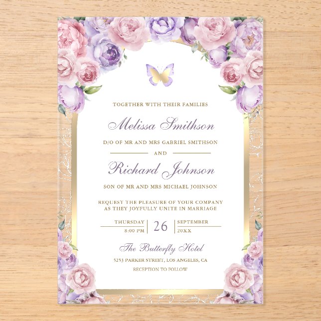 Lavender Pink Floral Gold Arch Butterfly Wedding Acryleinladungen (Vorderseite)