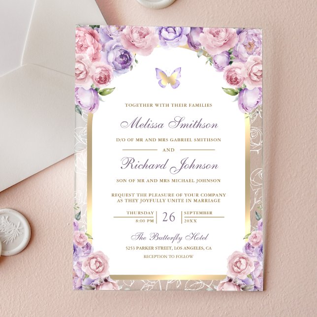 Lavender Pink Floral Gold Arch Butterfly Wedding Acryleinladungen (Von Creator hochgeladen)