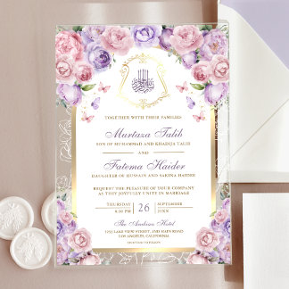Lavender Pink Floral Gold Arch muslimische Hochzei Acryleinladungen