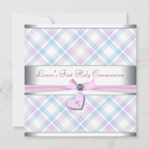 Lavender Pink Heart Pink Cross First Communion Einladung