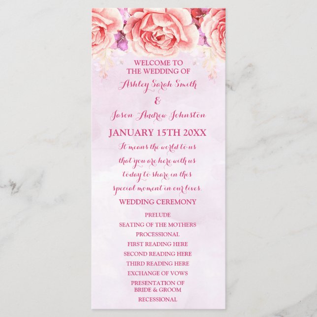 Lavender Pink Watercolor Blume Hochzeitsprogramm Programm (Vorderseite)