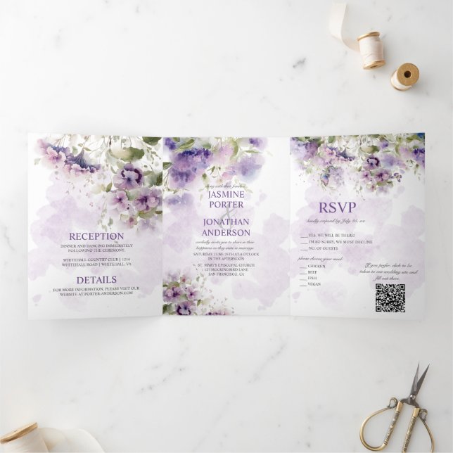 Lavender Platterbsen Tri-Fold Wedding Dreifach Gefaltete Einladung (Innenseite)