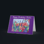 Lavender Poppies Sister Birthday Blume Wasserfarbe Karte<br><div class="desc">Genießen Sie ein Aquarellbild eines fröhlichen Gartens auf einer Geburtstagskarte für Ihre Schwester. Ideal für Blume- und Gärtnerfreunde. Der kreative Stil mit bunten Mohnblüten,  wilden Rose und Lavendel zeigt einen fröhlichen und hübschen Garten. Abstrakte Blume sind in schönen Rot-,  Rose-,  Blau- und lila Blüten gestaltet.</div>