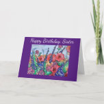 Lavender Poppies Sister Birthday Blume Wasserfarbe Karte<br><div class="desc">Genießen Sie ein Aquarellbild eines fröhlichen Gartens auf einer Geburtstagskarte für Ihre Schwester. Ideal für Blume- und Gärtnerfreunde. Der kreative Stil mit bunten Mohnblüten,  wilden Rose und Lavendel zeigt einen fröhlichen und hübschen Garten. Abstrakte Blume sind in schönen Rot-,  Rose-,  Blau- und lila Blüten gestaltet.</div>