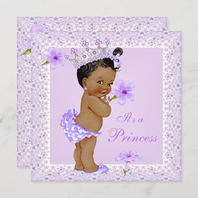 Lavender Princess Baby Dusche Afroamerikaner Einladung (Vorne/Hinten)