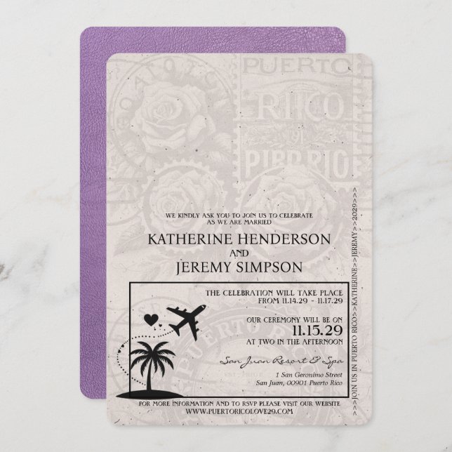 Lavender Puerto Rico Passport Wedding Einladung (Vorne/Hinten)