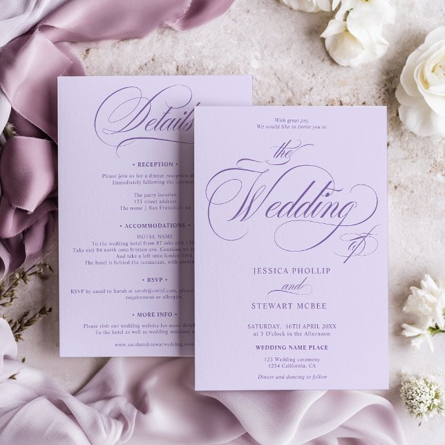 Lavender Purple all in one calligraphy wedding  Einladung (Lavender Purple all in one calligraphy wedding Invitation)