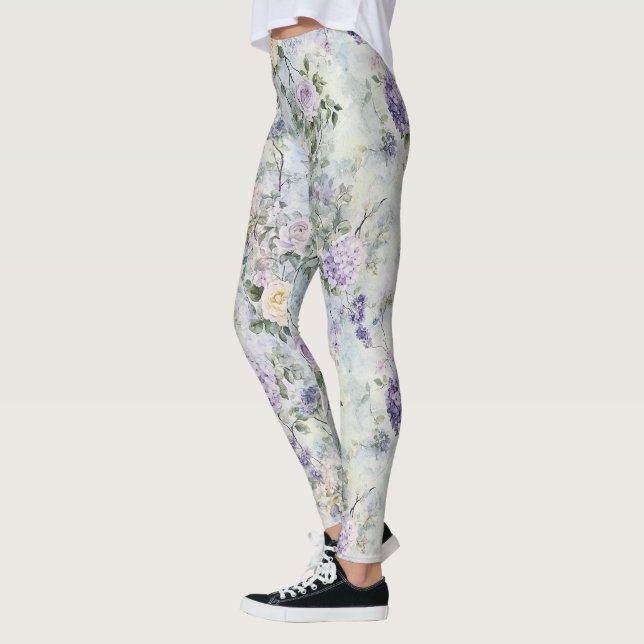 Lavender Purple Cream Romantic Floral Leggings (Links)