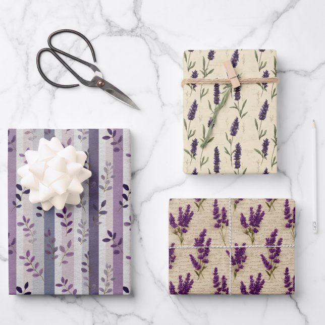 Lavender Purple Floral Botanical Stripes Birthday  Geschenkpapier Set (Vorderseite)