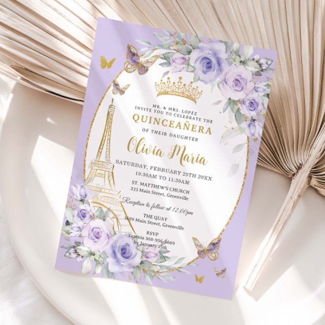Lavender Purple Floral Butterflies Quinceañera 16 Einladung (pastel-soft-lavender-purple-lilac-floral-flowers-butterflies-gold-eiffel-tower-paris-france-invite)