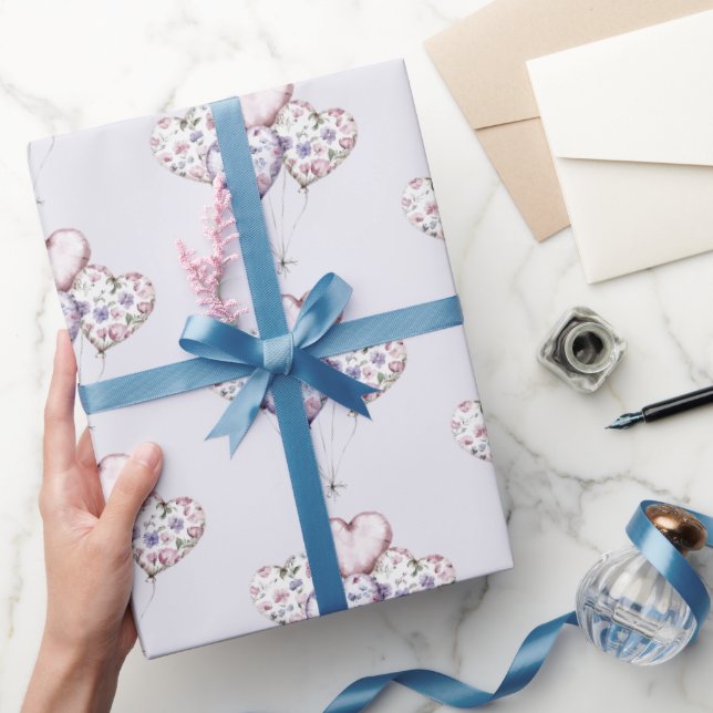 Lavender Purple Floral Heart Balloons Valentine Geschenkpapier (Schenken)