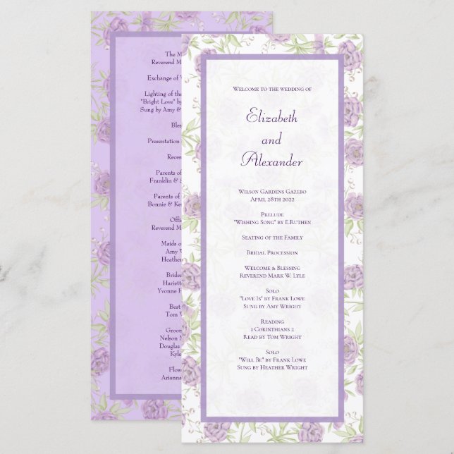 Lavender Purple Rose Wedding Programs Menükarte (Vorne/Hinten)