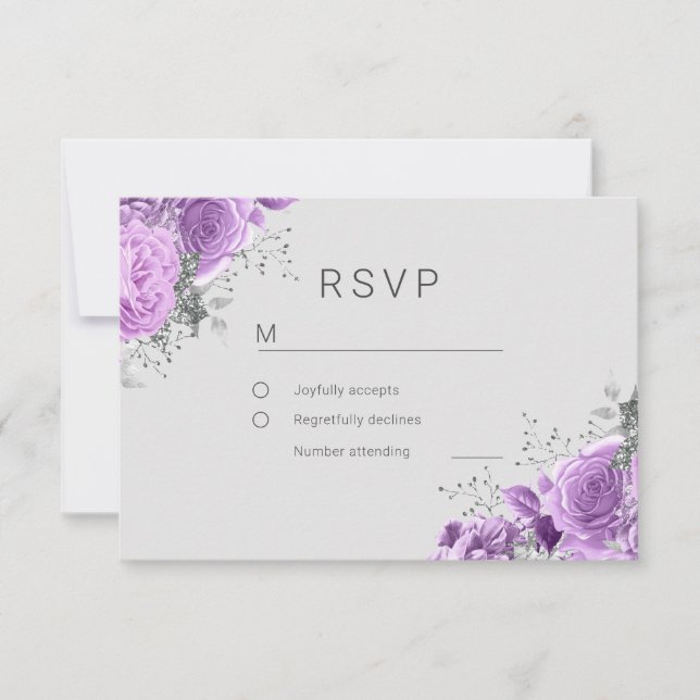 Lavender Purple & Silver Floral Elegant Wedding RSVP Karte (Vorderseite)