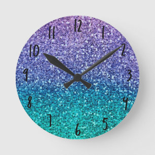Lavender Purple & Teal Aqua Green Sparkly Glitter Runde Wanduhr