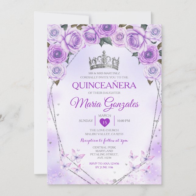 Lavender Quinceañera Crown 15 Anos Butterfly Einladung (Vorderseite)