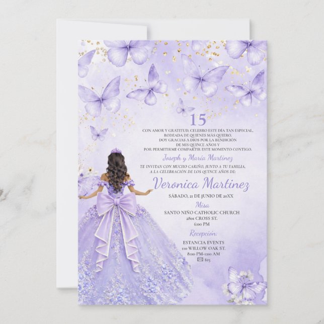 Lavender Quinceañera Invitation with Butterflies Einladung (Vorderseite)