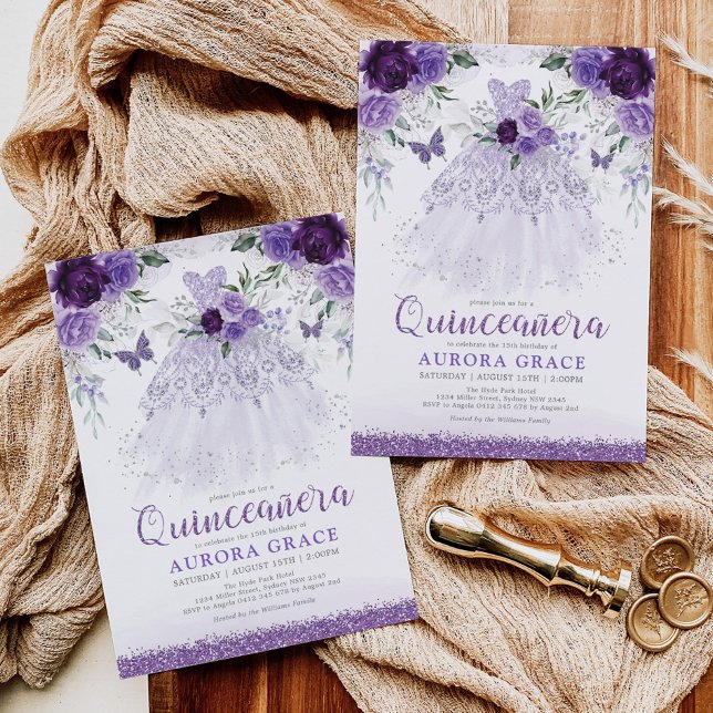 Lavender Quinceañera Princess Dress Butterfliegen Einladung (Von Creator hochgeladen)