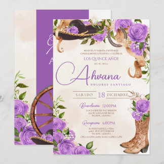 Lavender Quinceanera Rose Vintag Charro Western Einladung