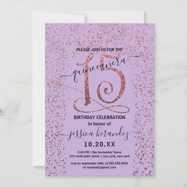 Lavender Rose Gold Confetti Border Quinceañera Einladung (Vorderseite)
