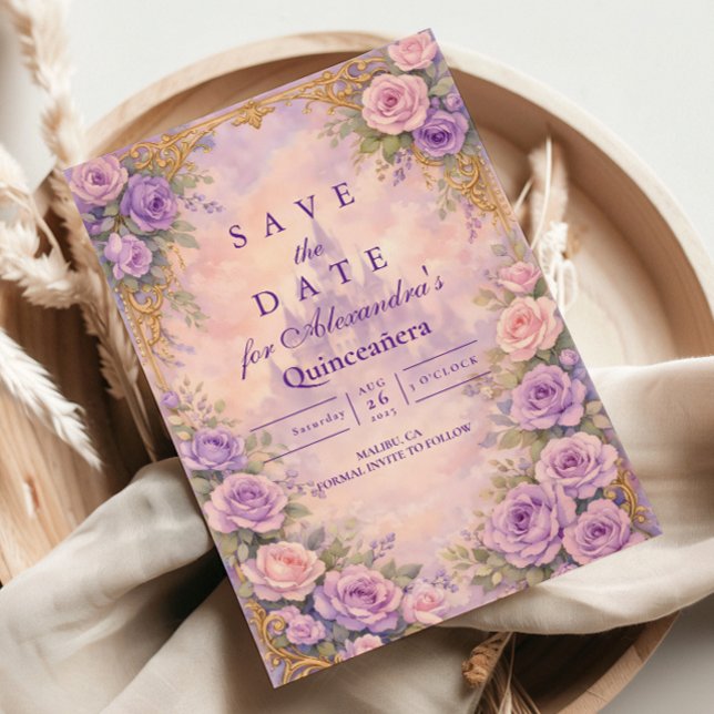 Lavender Rose Gold Garden Quinceañera Save The Date (Von Creator hochgeladen)