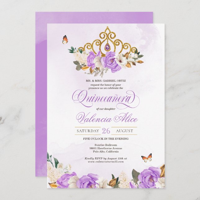 Lavender Rose Gold Tiara Lila Butterfly Quince Einladung (Vorne/Hinten)