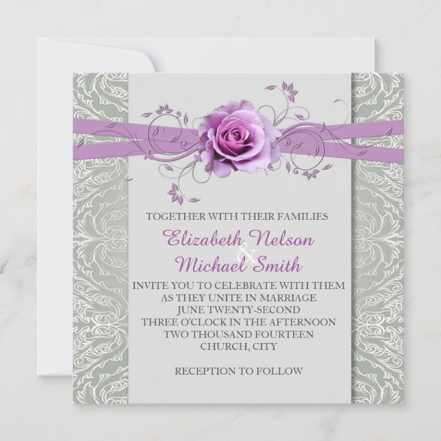 Lavender Rose Gray Silver Damask Wedite Einladung (Vorderseite)