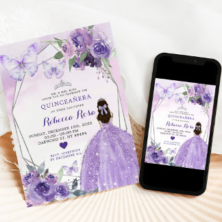 Lavender Rose Princess Quinceañera Butterfly Einladung