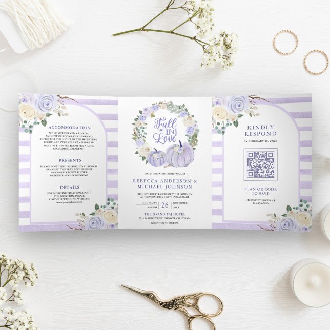 Lavender Rose Pumpkin QR Code Hochzeit Dreifach Gefaltete Einladung (Von Creator hochgeladen)