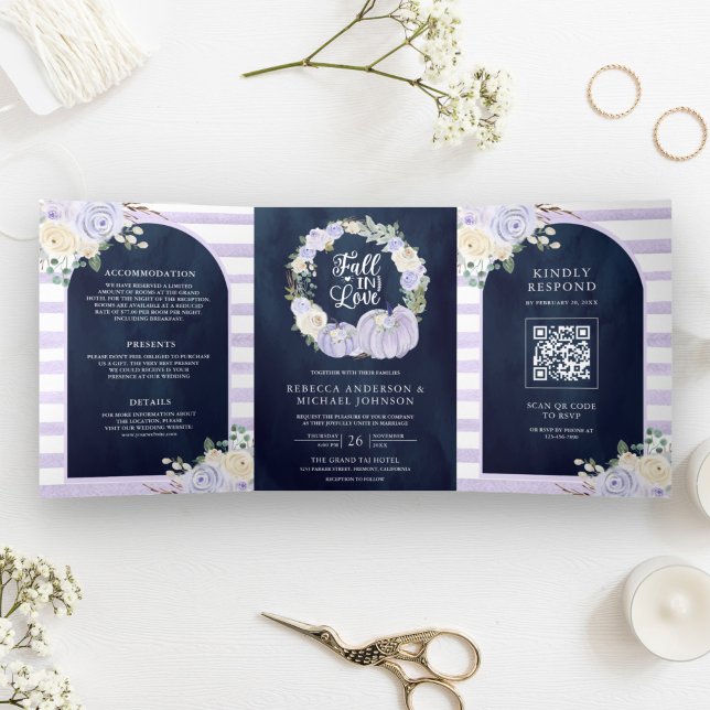 Lavender Rose Pumpkin QR Code Navy Blue Wedding Dreifach Gefaltete Einladung (Von Creator hochgeladen)