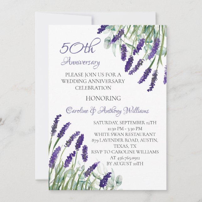Lavender Rustic Botanical 50. Hochzeitstag Einladung (Vorderseite)