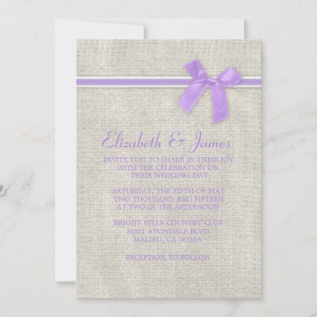 Lavender Rustic Burlap Wedding Einladungen (Vorderseite)