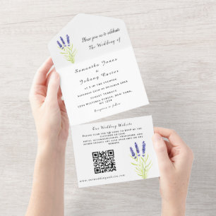 Lavender Rustic Floral Watercolor QR Code Hochzeit All In One Einladung